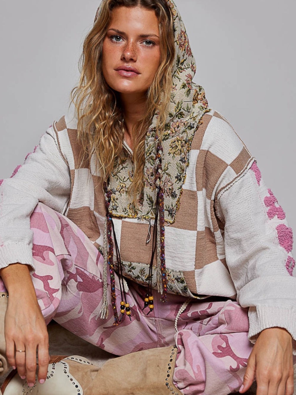 POL Floral Tapestry Chenille Checkered Peace Heart Star Detail Hoodie Sweater